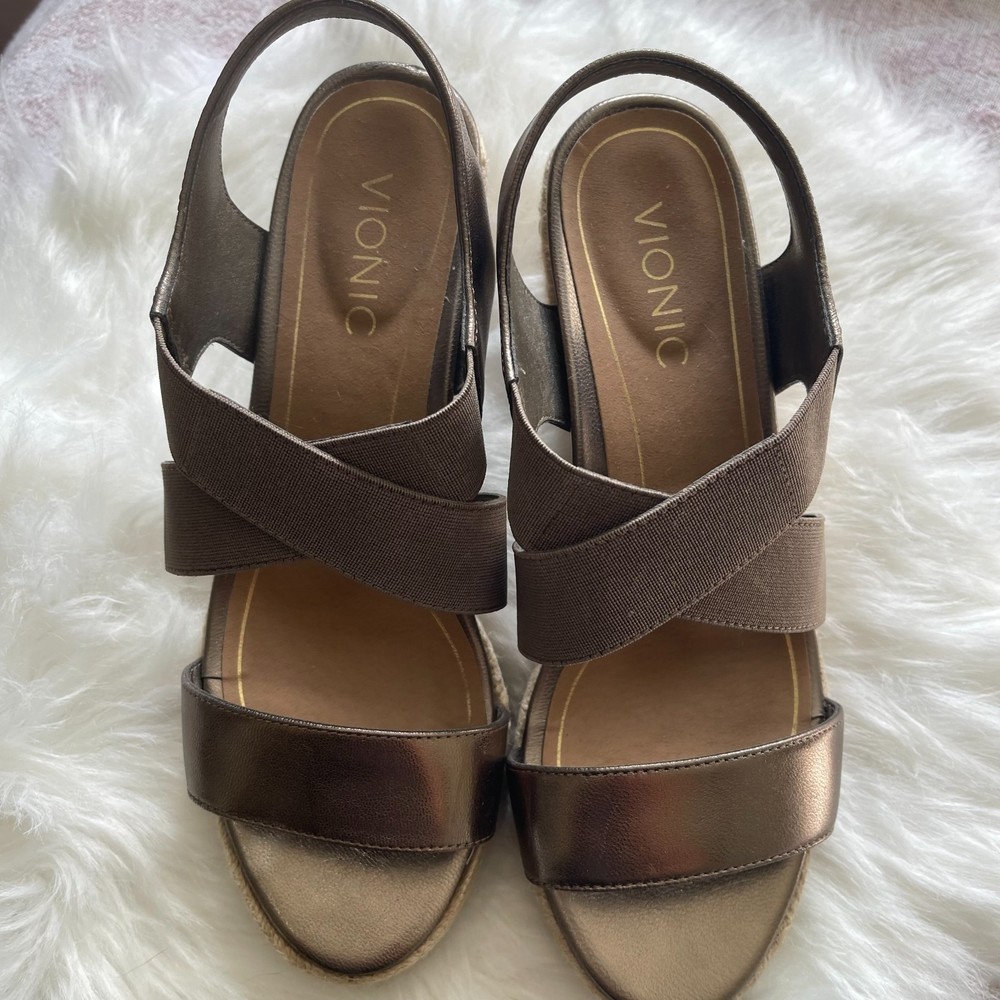 Vionic Tulum Ainsleigh Metallic Leather Espadrille Wedge Sandals Size 8